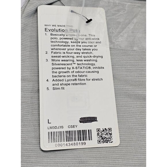NWT Lululemon Men's Ligth Grey X-STATIC Fabric Evolution Polo Shirt Size L 2758 - Picture 13 of 14
